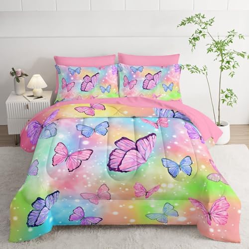 7Pcs Comforter Set Rainbow Butterfly Printed Bedding Set with 1 Comforter, 1 Flat Sheet, 1 Fitted Sheet and 4 Pillowcases for Boys and Girls Bedroom All Season(Queen)