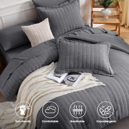 FreshCulture Comforter Set Seersucker 7 Pieces, All Season Bedding Set Queen, Bed in a Bag Comforter Set with 1 Comforter, 1 Flat Sheet, 1 Fitted Sheet, 2 Pillowcases and 2 Pillow Shams, Dark Grey
