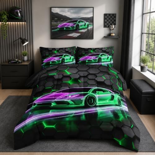 HOSIMA Kids Race Car Queen Comforter Sports Bedding with 2 Pillowcases.