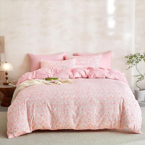 Wake In Cloud - Floral Comforter Set with Sheets, Cute Vintage Flower Cottagecore Aesthetic for Women Teen Girls, 7 Pieces Bed in a Bag, Pink, Queen Size
