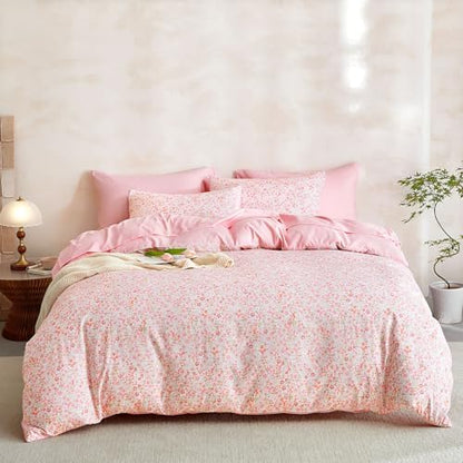Wake In Cloud - Floral Comforter Set with Sheets, Cute Vintage Flower Cottagecore Aesthetic for Women Teen Girls, 7 Pieces Bed in a Bag, Pink, Queen Size