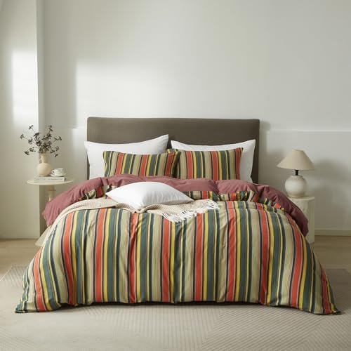 mixinni Twin XL Size Comforter Set 3 Pieces, Vintage Colorful Striped Washed Cotton Reversible Comforter with 2 Pillowcases, All Season Lightweight Bedding for Women & Men, Retro Mid-Century Style