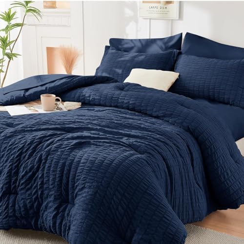 HYMOKEGE Navy Blue Oversized Queen Comforter Set Seersucker 7 Pieces, All Season Luxury Bed in a Bag for Bedroom, Bedding Set with Comforter, Sheets, Pillowcases & Shams