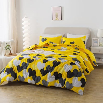 Caressma Farmhouse Yellow Queen Size Comforter Set 3 Pieces Bedding Set with Black Heart All Season Fluffy Soft Lightweight(1 Comforter & 2 Pillowshams)