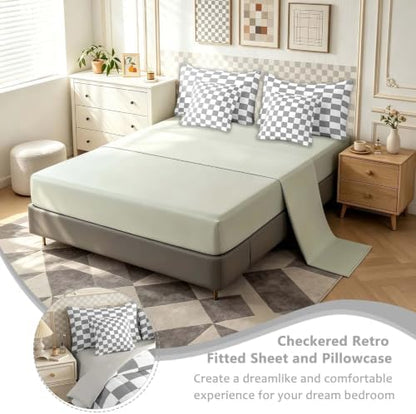 Checkered Retro Comforter Set King Size 7 Pieces Grey Plaid Bedding Set for Kids Boys Girls Geometric Vintage Bed in a Bag Modern Simple Groovy Aesthetic Bedroom Decor All Season Quilted Lightweight