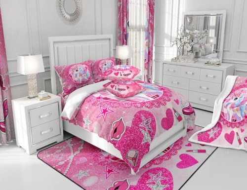 Cartoon Unicorn Kids Comforter Set King Size,Bowknot High-heeled Shoes Lip Romantic Bedding Set,Girls Women Room Decor,Stars Sparkling Princess Down Comforter,Pink Cute Duvet Insert,2 Pillowcases