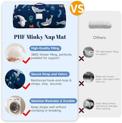 PHF Toddler Nap Mat with Removable Pillow and Minky Blanket, Rollup Design Kids Sleeping Mat, Slumber Bags for Boys, 55"x23" Toddler Sleeping Bag for Daycare Preschool Travel Camping, Shark