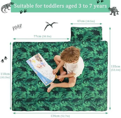 Toddler Nap Mat for Preschool 50''x30'' Sleeping Mat with Removable Pillow and Minky Blanket for Kids Ages 3-7 Roll Up Soft Sleeping Bag for Boys Girls Kindergarten Daycare Sleepover
