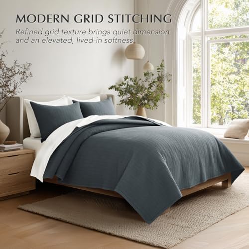 EverGrace 100% Cotton Modern Grid Stitch Quilt Set King Size, Midnight Blue