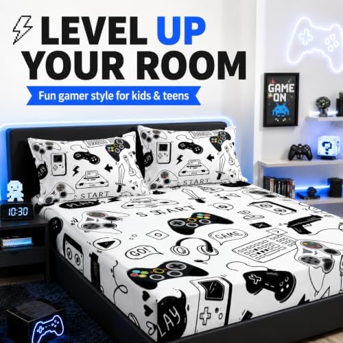 AILONEN Video Game Fitted Sheet Set,Boys Full Bed Sheet Set,Video Gamer Console Joystick Controller Bed Sheet Set,Computer Retro Arcade Play Gaming Sheet Set 3Pcs, 1 Fitted Sheet and 2 Pillowcases