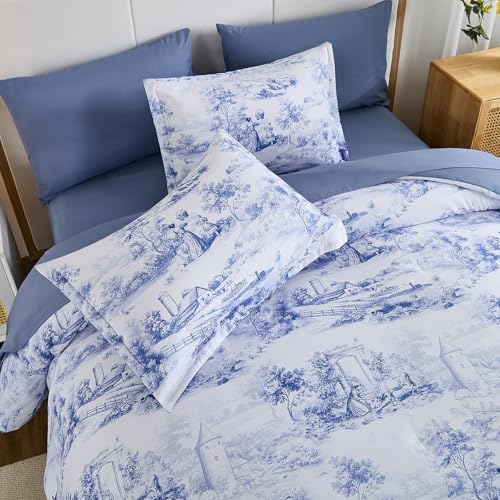 WONGS BEDDING Blue Comforter Set King, 7 Pieces Bed in a Bag Farmhouse Comforter with Sheets, French Toile Bedding Set, Soft Lightweight Microfiber Botanical Print Complete Bed Set for All Season