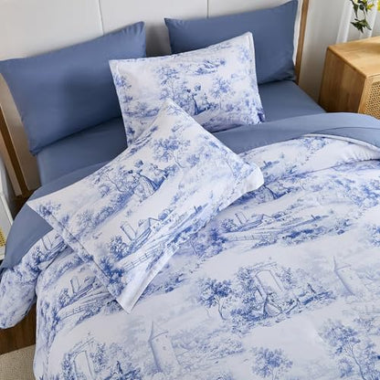 WONGS BEDDING Blue Queen Comforter Set, 7 Pieces Bed in a Bag French Toile Comforter with Sheets, Soft Lightweight Microfiber Botanical Complete Queen Size Bedding Set for All Season