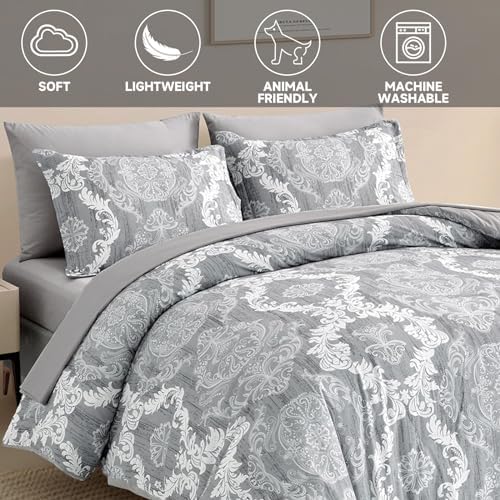 WONGS BEDDING Grey Comforter Set King Size Damask Texture 7 Pieces Gray Bed in a Bag Soft Microfiber Boho Comforter Bedding Sheet Set Comforter Flat Sheet Fitted Sheet Pillow Shams Pillowcases