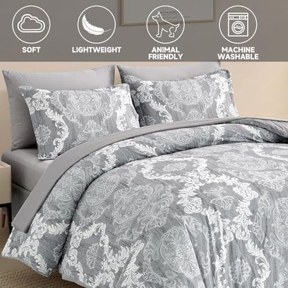 WONGS BEDDING Grey Comforter Set Queen Size, Damask Texture 7 Pieces Gray Bed in a Bag Microfiber Boho Comforter Bedding Sheet Set with Comforter, Flat Sheet, Fitted Sheet,Pillow Shams,Pillowcases