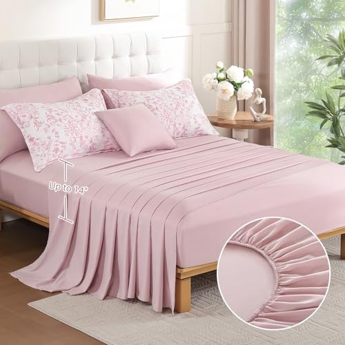 WONGS BEDDING Queen Size Comforter Set, 8 Pieces Pink Floral Bed in a Bag Comferter Sets, Botanical Print Soft Fluffy Microfiber Complete Bedding Sets for All Season (90"x90")