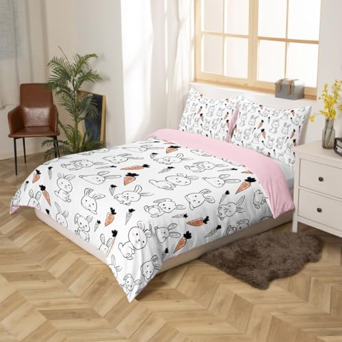 Kawaii Bedding Set, for Kids Girls Cute Cartoon Rabbit Bedding Set, Sketch Carrot Duvet Cover, Kawaii Room Decor, Pink Soft Reversible Comforter Cover Set, Lovely Animal Bedding Comforter, Queen Size