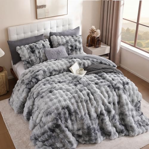YIKUSH King Faux Fur Soft Comforter Set, Fluffy Rabbit FurBedding Set