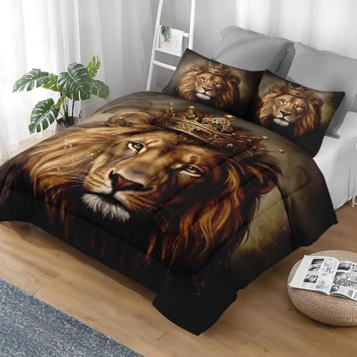 Pamnest Comforter Set Full Size, King Lion Golden Soft 3 Pcs Bedding for Kids and Adults, Animal Painting Cat Comforter Set with 2 Pillowcases, for Bedroom Bed Decor