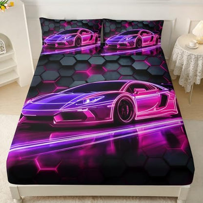 HOSIMA Race Car Fitted Sheet Queen for Boys,1 Fitted Sheet+2 Pillowcases.