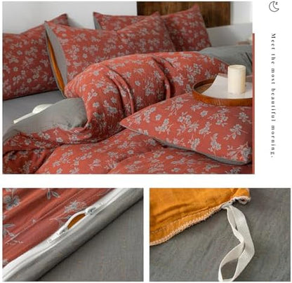 VM VOUGEMARKET Linen Cotton Duvet Cover Set Queen Size,Rust Red Floral Print, Double Layer Gauze, Soft Breathable Bedding Set with Zipper Closure, 3 Pieces (1 Duvet Cover + 2 Pillow Shams)