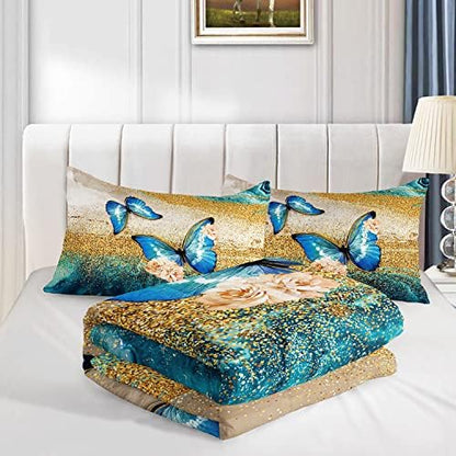 HOSIMA Butterfly Comforter Set for Girls with 2 Pillow Sham,Blue Butterfly Floral Comforter Twin Size for Girls Kids Women Bedroom Decor,Golden Vintage Pattern Bedding Set,Twin Comforter.
