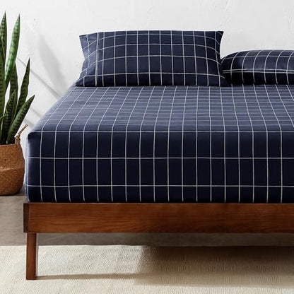 Bare Home Fitted Sheet (Queen, Grid - Midnight Blue/White)