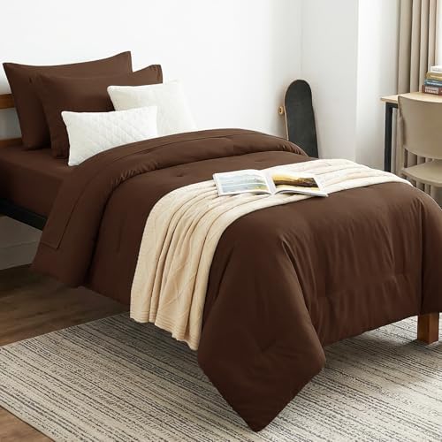 CozyLux Twin Comforter Set Brown, 5 Pieces Bed in a Bag Twin Comforter Set with Sheets, Soft Bedding Sets with Down Alternative Comforter, Sheets, Pillowcase & Sham, Soft Bed Set for All Seasons