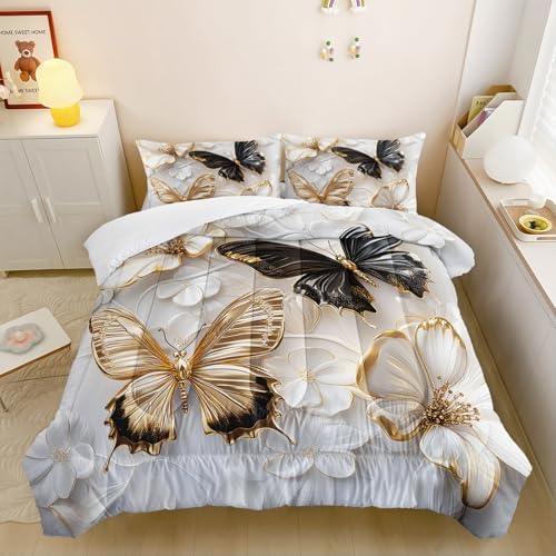 Luxury 3D Butterfly Comforter Set Full Size for Teen Boys Girls,Black and Goldern Butterfly Bedding Set,White Floral Print Quilt Set for Adults Women Bedroom Decor