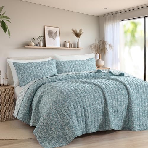 Wonderful Cotton Gauze Quilt Set Queen Size Blue Floral Bed Cover for All Season,Reversible Voile Quilt Bedding Sets with Pillow Shams for Queen Bed, Floral Bedspread Coverlet Set