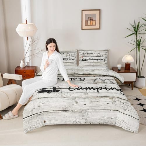 Homewish Happy Camping Comforter Set Farm Farmhouse Bedding Set for Kids Girls Women Adults Wood Rustic Comforter Camper Theme Quilted Duvet Set Bedroom Collection Twin Size 2Pcs