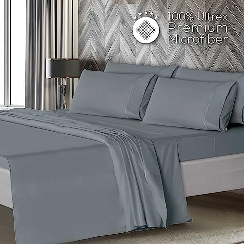 Mueller UltraTemp King Size Sheets Set – 6 Piece Premium Bedding, Silky Soft, Cooling, Deep Pocket up to 16", Breathable Heat Transfer, Wrinkle-Resistant & Hypoallergenic, Light Gray