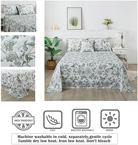 FADFAY Sheets Set Twin Vintage White and Green Floral Bedding Elegant Peony Sheets Set Shabby Rose Farmhouse Bedding 100% Egyptian Cotton 800 Thread Count Deep Pocket Fitted Sheet 4Pcs, Twin Size