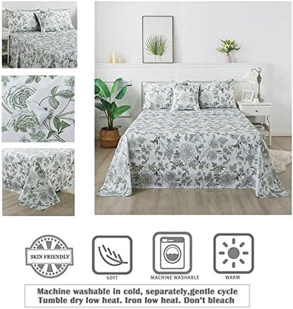 FADFAY Sheets Set Queen Vintage White and Green Floral Bedding Elegant Peony Sheets Set Shabby Rose Farmhouse Bedding 100% Egyptian Cotton 800 Thread Count Deep Pocket Fitted Sheet 4Pcs, Queen Size