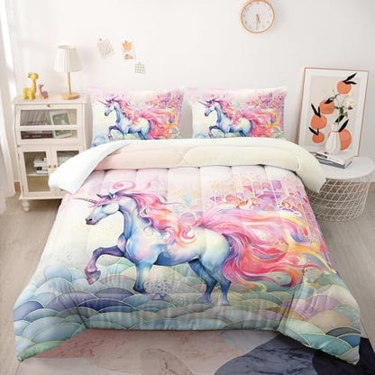 Nttopship Pink Fantasy Unicorn Comforter Set Queen Rainbow Scales Unicorn 3pcs Bedding Set for Girls Boys Kids Cartoon Down Alternative Soft Lightweight Comforter with 2 Pillowcases All Season