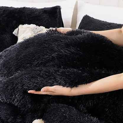 Smoofy Fluffy Twin Comforter Set, Black Faux Fur Comforter Set 2 Pieces