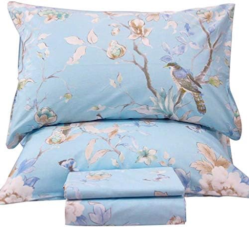 QSH Floral Bed Sheets Set King Size - Luxury Bird Buttefly Print Bed Sheet Set - 100% Egyptian Cotton Extra Soft and Breathable - 4 pcs Deep Pockets - Flower Bed Sheets