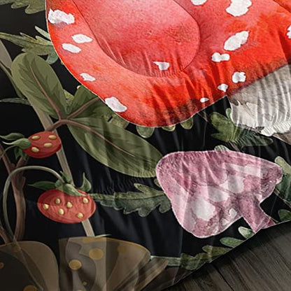 Red Mushroom Kawaii Comforter Set Full Size Kids Mushroom Dragonfly Bedding Set Botanical Plant Theme Print Quilt Bed Set for Boys Girls Adults with 1 Comforter and 2 Pillowcases