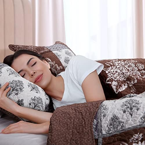 King Size Quilt Set 3 Pieces Lightweight Reversible Bedspread-98''x106'' Soft Patchwork Border Floral Coverlet Luxurious Warm Microfiber Bed Cover All Season Brown Bedding Set(1 Quilt,2 Pillow Shams)