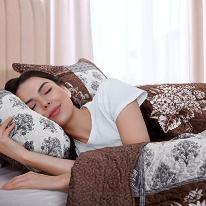 King Size Quilt Set 3 Pieces Lightweight Reversible Bedspread-98''x106'' Soft Patchwork Border Floral Coverlet Luxurious Warm Microfiber Bed Cover All Season Brown Bedding Set(1 Quilt,2 Pillow Shams)