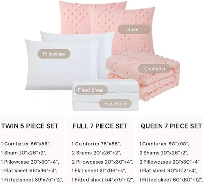 Geniospin Pink Full Comforter Set for Girls- 7 Pieces Pom Tufted Bed in A Bag Full Bedding Sets with Sheets, Pillowcases & Shams, All Season Kids Comforter Set