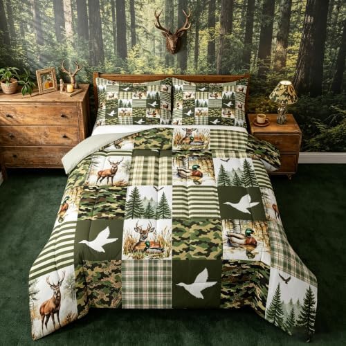 Feelyou Wild Duck Bedding Set Soft for Boys Girls, Cute Deer Comforter Set Toddler Size Wildlife Hunting Duvet Quilt Microfiber Green Camo Decor Bedroom Decor 2 Pcs with 1 Pillow Cases