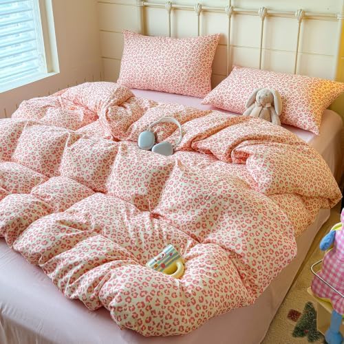 mixinni Pink Leopard Print Duvet Cover Set Queen Size, 3PCs Cute Aesthetic Cheetah Animal Bedding Set, 100% Cotton Double Gauze Soft Retro Cream Leopard Duvet Cover with 2 Pillowcases for Girls Women
