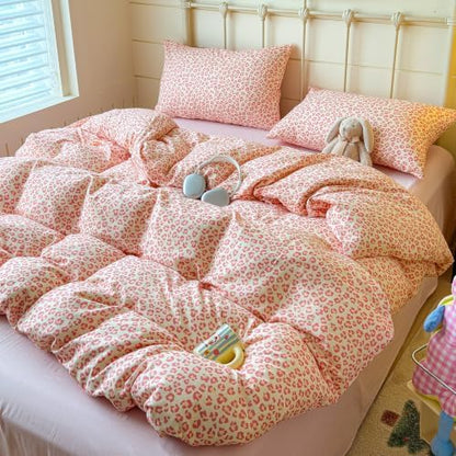 mixinni Pink Leopard Print Duvet Cover Set King Size, 3PCs Cute Aesthetic Cheetah Animal Bedding Set, 100% Cotton Double Gauze Soft Retro Cream Leopard Duvet Cover with 2 Pillowcases for Girls Women