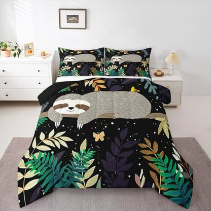 Feelyou Sloth Comforter Cute Sloth Bedding Set for Kids Boys Girls Galaxy Butterfly Comforter Set Botanical Leaves Inner Fill Duvet Set 1 Comforter Set with 2 Pillowcases King Size