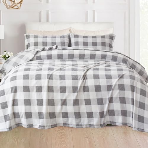 Elegant Comfort Luxuriously Soft 4-Piece Velvet Plush Flannel Sheet Set - Premium Quality - Cozy Warm, Anti-Static, Non Pilling Fuzzy Velvet Flannel Fleece Deep Pocket Sheet Set - Full, Buffalo Gray