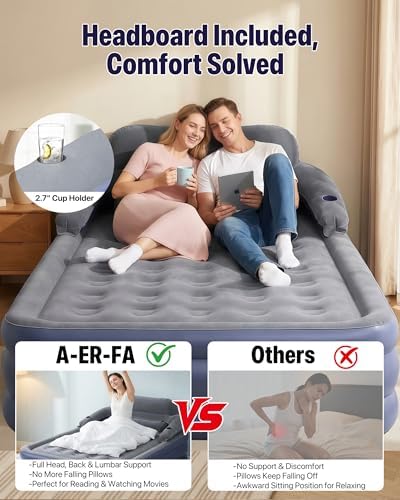 A-ER-FA Queen Air Mattress with Detachable Headboard and Cup Holder - 20 Height 700lbs Capacity Comfort Inflatable Bed for Guests Home Camping and Travel Durable Construction,Colchón Inflable,Air Bed