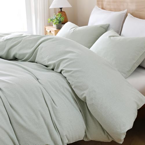 TOCOMOA Sage Green Striped Duvet Cover Set Washed Cotton Like Linen, Queen