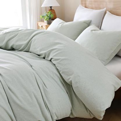 TOCOMOA Sage Green Striped Duvet Cover Set Washed Cotton Like Linen, Queen