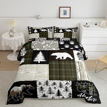 Bear Comforter Set Queen Size,Pine Trees Animals Hunting Bedding Set for Kids Boys Girls Adults Room Decor,Camping Adventure Rustic Farmhouse Down Comforter,Green Plaids Duvet Insert,2 Pillowcases