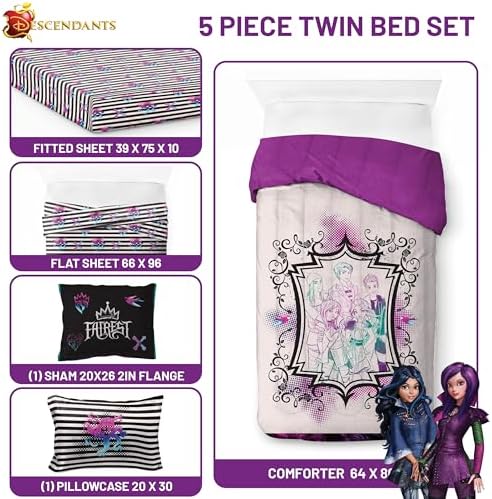 Jay Franco Kids Comforter Set Includes Sheets and Pillow Cover - Soft and Cozy Bed Set for Stylish Room Décor, Multi - Descendants, 5 Piece Twin